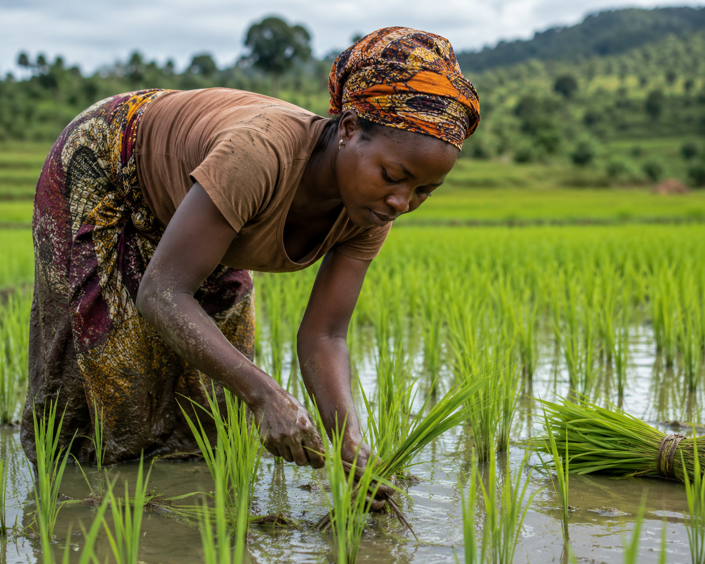 Femme repiquant le riz dans une rizière en Côte d'Ivoire